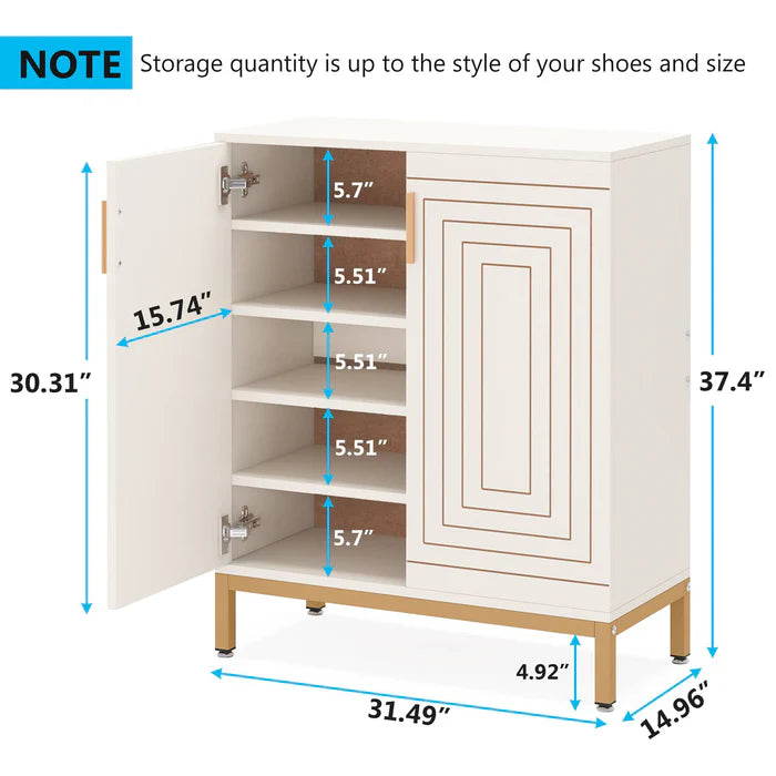 English Elm Durable White Mdf Shoe Cabinet with Gold Legs Geometric Doors Entryway Storage T3971P446476