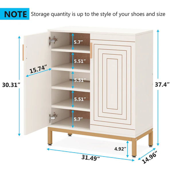 English Elm Durable White Mdf Shoe Cabinet with Gold Legs Geometric Doors Entryway Storage T3971P446476