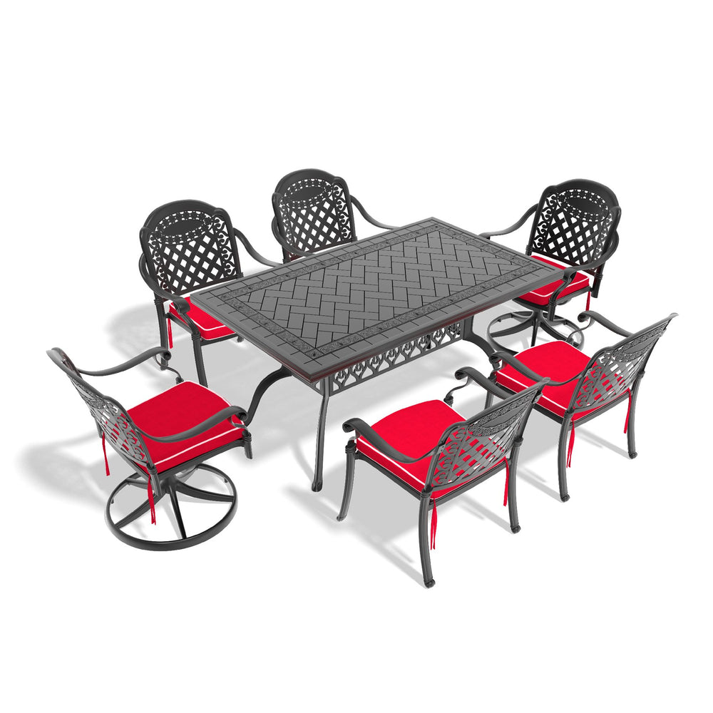 English Elm 7-piece Cast Aluminum Outdoor Dining Set with Swivel Chairs and Ornate Relief Detail W1710S00578