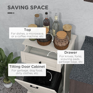 English Elm HOMCOM Tilt-Out Kitchen Trash Cabinet with Drawer and Oak Top Space-Saving Pet-Safe Organizer Light Gray W2225P229590