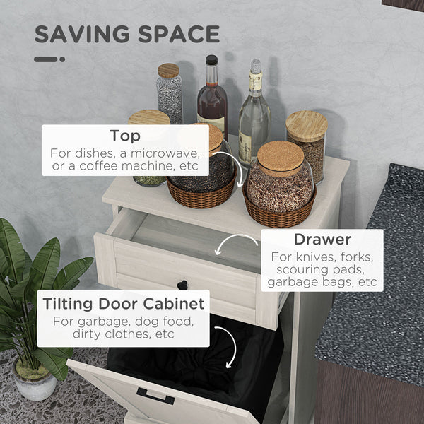 English Elm HOMCOM Tilt-Out Kitchen Trash Cabinet with Drawer and Oak Top Space-Saving Pet-Safe Organizer Light Gray W2225P229590