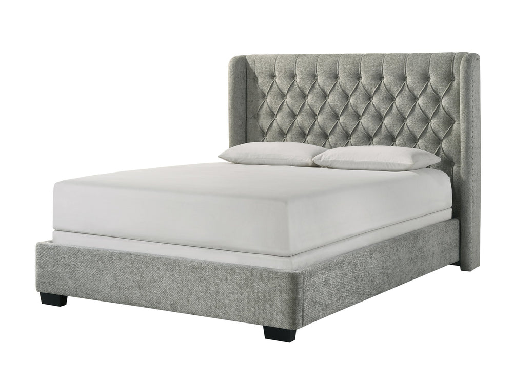 English Elm 1Pc Contemporary Upholstered Bed Frame - Tufted Winged Headboard In Soft Gray Tweed For Ultimate Comfort B2741S00256