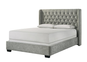 English Elm 1Pc Contemporary Upholstered Bed Frame - Tufted Winged Headboard In Soft Gray Tweed For Ultimate Comfort B2741S00256