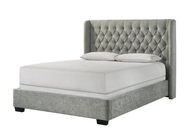 English Elm 1Pc Contemporary Upholstered Bed Frame - Tufted Winged Headboard In Soft Gray Tweed For Ultimate Comfort B2741S00256