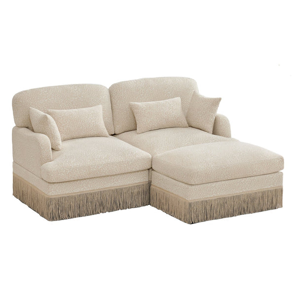 English Elm Comfy Chenille Leopard Print Loveseat with Tassel Trim Movable Ottoman Living Room Beige W5656S00002