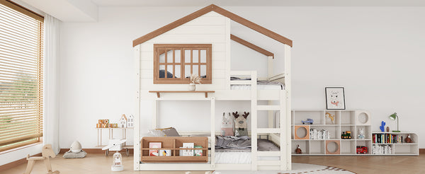 English Elm Full Bunk Bed with Trundle Bookshelf Storage Pine Frame Car Design for Kids Beige W1580S00523
