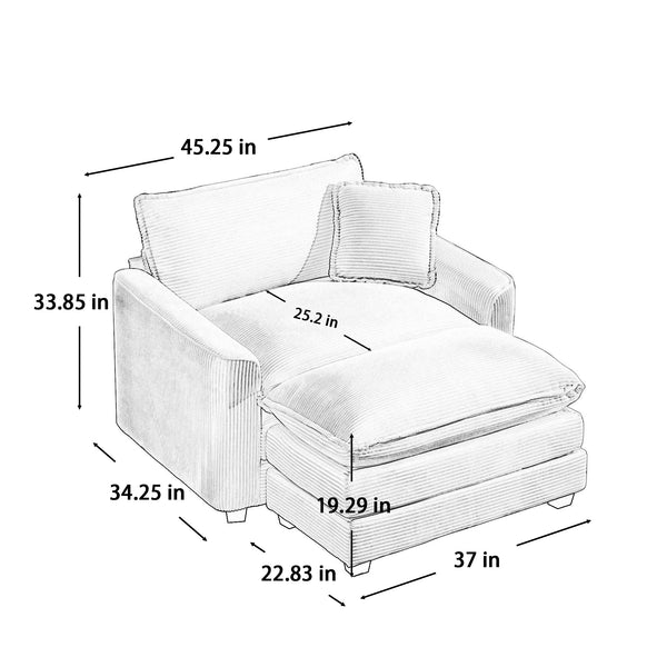English Elm Comfortable Single Chair With Footstool And Pillow - Luxurious Green Corduroy For Living Spaces W714S00702