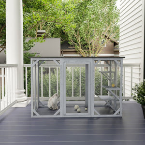 English Elm Large Wooden Catio Outdoor Cat Enclosure with Wire Mesh and Weather Proof Roof T3971P389132