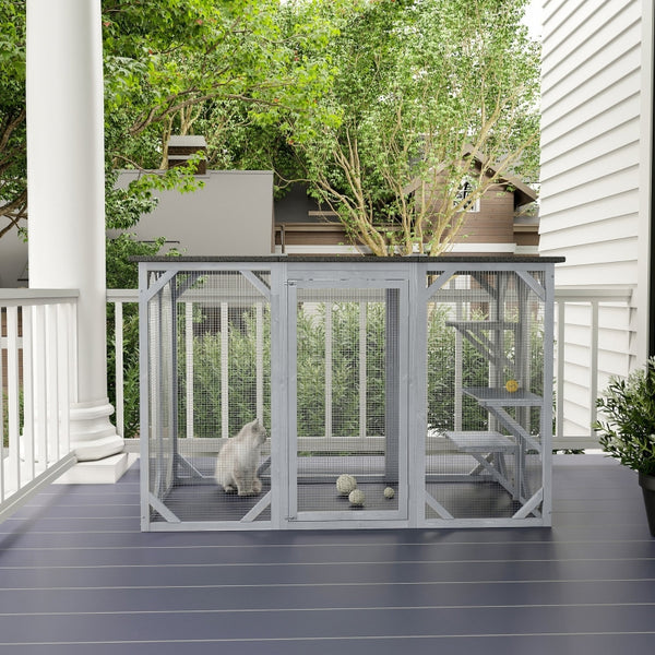 English Elm Large Wooden Catio Outdoor Cat Enclosure with Wire Mesh and Weather Proof Roof T3971P389132