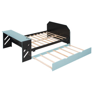 English Elm Full Size Wood Daybed with Twin Trundle Desk and Usb Charging for Teen Rooms Blue LT000262AAC