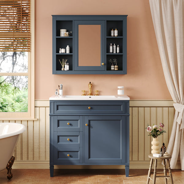 English Elm 36'' Modern Bathroom Vanity with Mirror Cabinet and Sink, Spacious Storage, Soft-Close Doors & Drawers Blue SW000134AAC-3