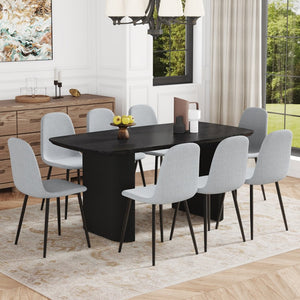 English Elm Table And Chair Set - Elegant Black Wood-Grain Mdf Dining Table With 8 Light-Gray Linen Chairs W1151S04159-GIGA