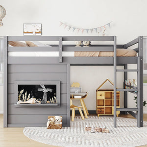 English Elm Twin Loft Bed House Frame with Sliding Chalkboard Built-in Bookshelf and Safety Rails Gray W1580S00320