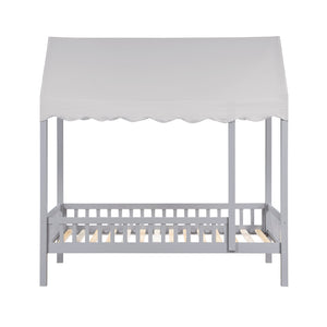 English Elm Gray Finish Canopy Platform Bed Scalloped Fabric Cover Solid Wood Twin Frame Gray B011P463890