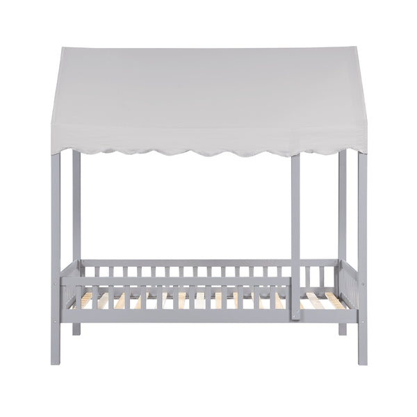 English Elm Gray Finish Canopy Platform Bed Scalloped Fabric Cover Solid Wood Twin Frame Gray B011P463890