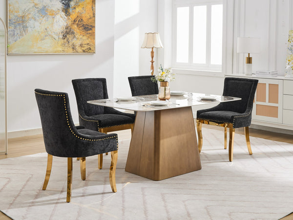 English Elm Chenille Modern Dining Chair with Curved Gold-Plated Legs, Rivet Trim, Textured Upholstery Comfort Black W1143P332685