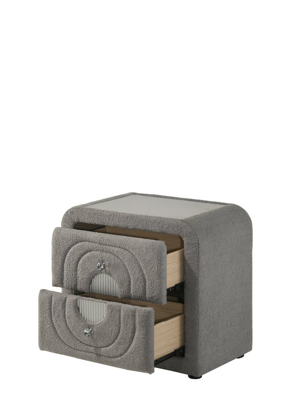 English Elm Shelyn Teddy Sherpa Upholstered Nightstand with Glass Top and Crystal Knob Hardware Gray B2756P495790