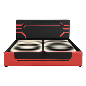 English Elm Modern Cyberpunk Queen Platform Bed Hydraulic Storage Pu Upholstered Gaming Frame Black+Red SF000205AAJ