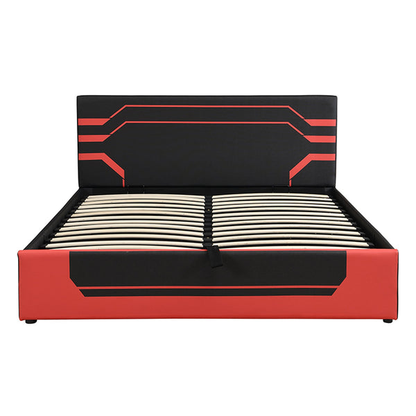 English Elm Modern Cyberpunk Queen Platform Bed Hydraulic Storage Pu Upholstered Gaming Frame Black+Red SF000205AAJ