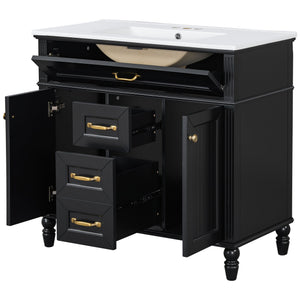 English Elm 36 Inch Bathroom Vanity with Ceramic Sink, Durable MDF & Solid Wood Frame, Soft-Close Doors, Luxe Handles, Ample Organized Storage, Modern Freestanding Design Black N725P314034B