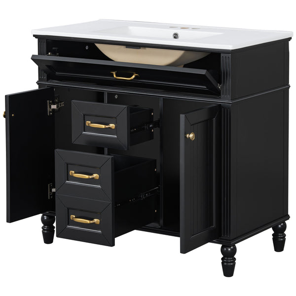 English Elm 36 Inch Bathroom Vanity with Ceramic Sink, Durable MDF & Solid Wood Frame, Soft-Close Doors, Luxe Handles, Ample Organized Storage, Modern Freestanding Design Black N725P314034B