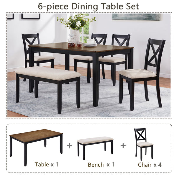 English Elm 6-Piece Timeless Farmhouse Dining Set With Bench, Black & Oak Finish, Comfort For 6 Guests W1998S00083