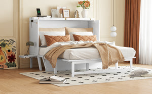 English Elm Queen Murphy Cabinet Bed Solid Pine Build with Usb Charging and Fold Out Desktop White W504S00168