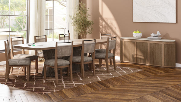 English Elm Dining Table Toffe Rope Base Beige Solid Wood & MDF 18" Leaf Expands to 98" Oak Veneer, Transitional Design B2699S00079