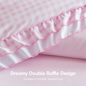 English Elm 4-piece Gingham Ruffle Comforter Set Romantic Cottage Bedroom Brushed Polyester Fill Pink B035P463188