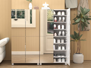 English Elm 8 Tier Shoe Cabinet with Mirrored Door, 32-Pair Organizer, Space-Saving MDF Storage for Entryway W3128P281588