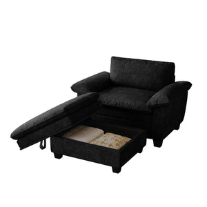 English Elm 51" Oversize Chaise Lounge Chair with Ottoman and Hidden Storage Upholstered in Soft Chenille Comfort Black W1097S00151