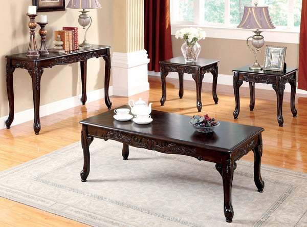 English Elm 3pc Classic Coffee & End Table Set Dark Cherry Finish with Parquet Tops, Cabriole Legs, Resin Detail B011P356773