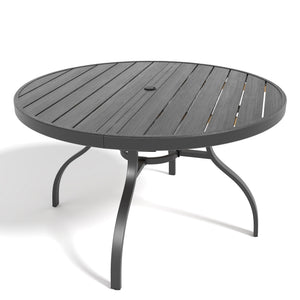 English Elm "round Faux Wood Slat Top Outdoor Dining Table 47 Inch Iron Base Patio Garden Black W3979P402407