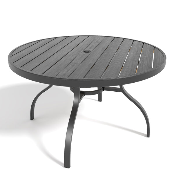 English Elm "round Faux Wood Slat Top Outdoor Dining Table 47 Inch Iron Base Patio Garden Black W3979P402407