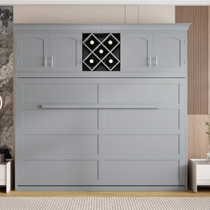English Elm Queen Murphy Wall Bed with Storage Cabinets and Wine Rack for Small Space Living Gray LP000879AAE-1