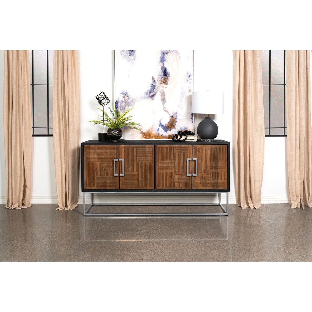 English Elm Washoe Rustic Walnut and Silver 4-Door Accent Cabinet with Metal Legs, Storage Shelves, 67"W B062P358336