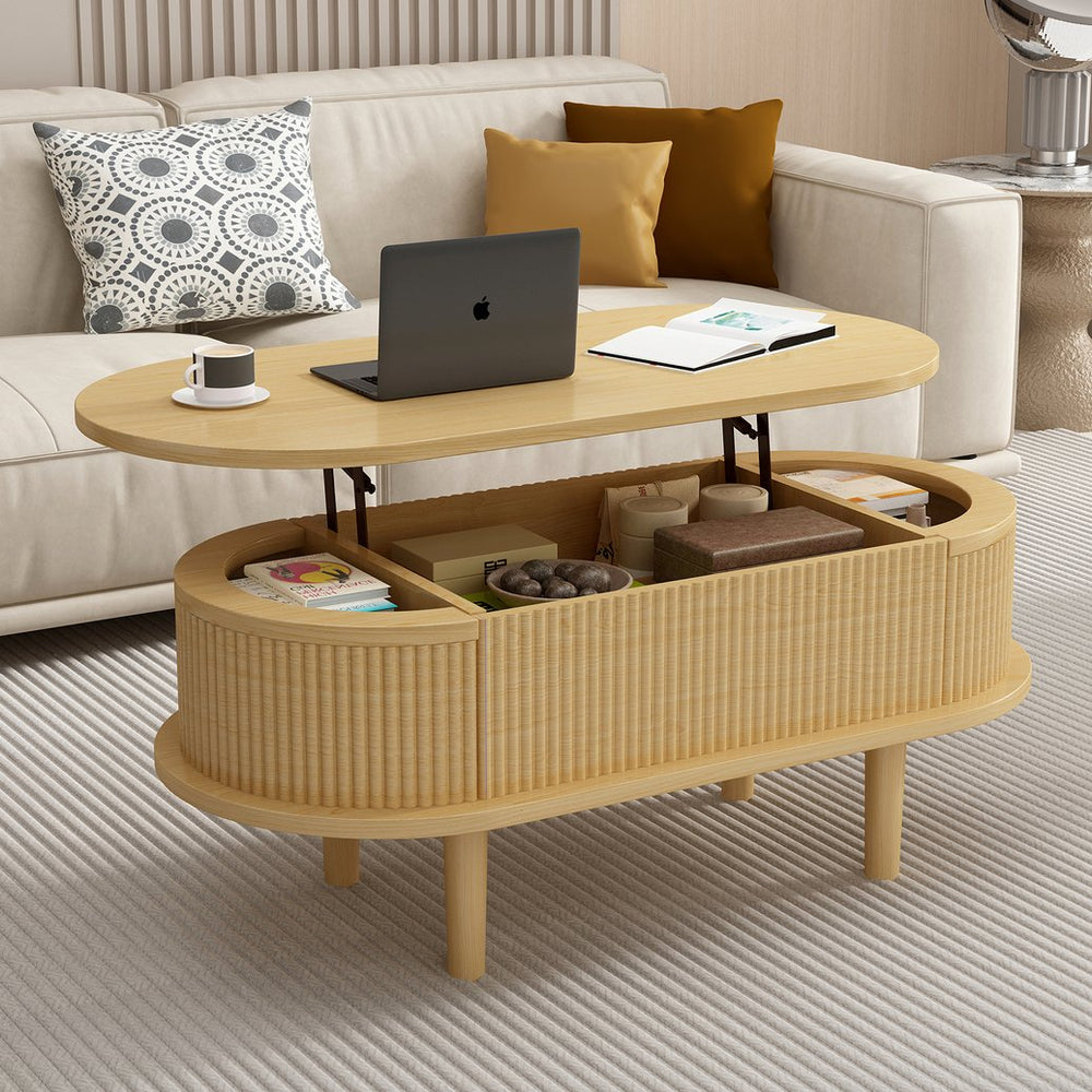 English Elm Fluted Oval Lift Top Coffee Table with Hidden Storage Mid-century Modern Living Room Natural Wood W2641P384387