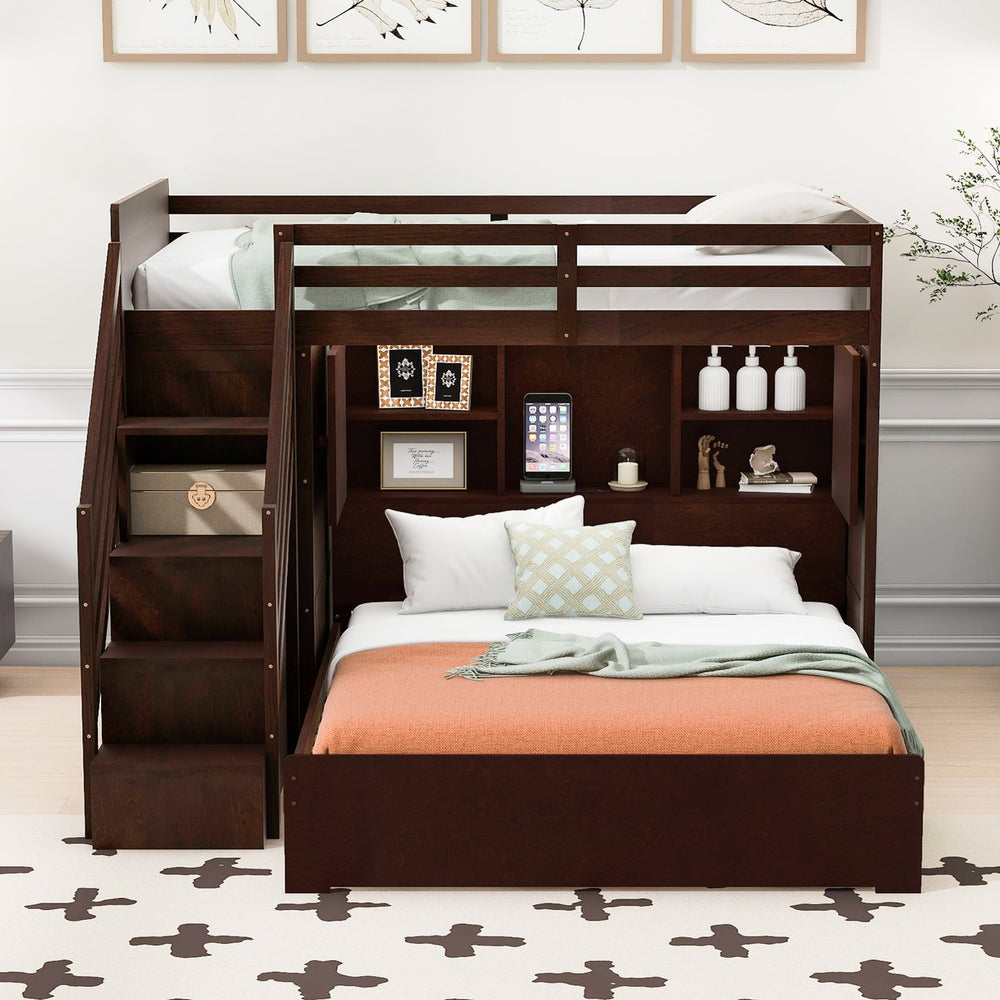 English Elm Twin Over Full Bunk Bed with Wardrobe Storage Stairs Shelves and Usb Charging Espresso LT000292AAP