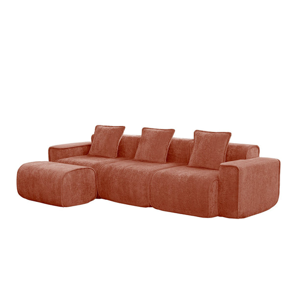 English Elm Streamlined Velvet L-shaped Sectional Sofa with Ottoman and Cloud Cushion Living Room Red W3041S00359