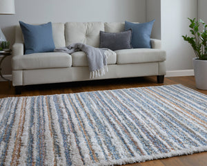 Feizy Rugs Mynka High Pile Polyester Striped Rug – Stylish, Pet-friendly, Stain-resistant, Easy-care Area Decor Ivory,Blue,Orange Polyester Myn39iefmlt000p00