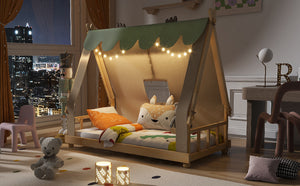 English Elm Twin Cabin Bed with Detachable Tent Skylight and Woodland Deer Antler Accents White N708P356716K