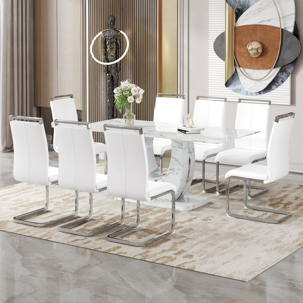 English Elm Table And Chair Set - Elegant Modern Marble Dining Set With 8 Comfortable Pu Chairs & Glass Top W1151S02115-GIGA