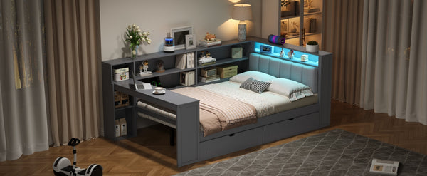 English Elm Wood Full Size Gaming Loft Bed with Integrated Desk, Shelves, LED Lighting & Hanging Clothes Rack Grey N7090001047E