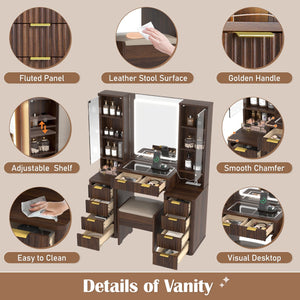 English Elm 43.5" Fluted Makeup Vanity with Led Mirror Glass Top Gold Hardware and Storage Stool Brown N704G202305P