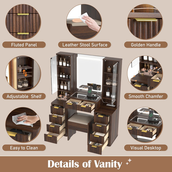 English Elm 43.5" Fluted Makeup Vanity with Led Mirror Glass Top Gold Hardware and Storage Stool Brown N704G202305P