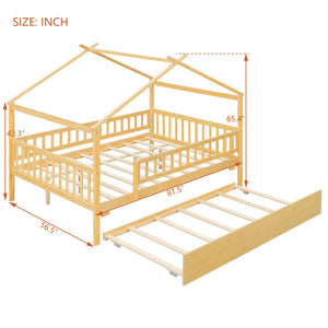 English Elm Full Size Pine House Bed with Roofline Frame and Roll Out Twin Trundle for Kids Natural LP100306AAN