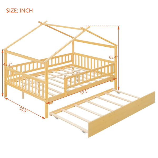 English Elm Full Size Pine House Bed with Roofline Frame and Roll Out Twin Trundle for Kids Natural LP100306AAN