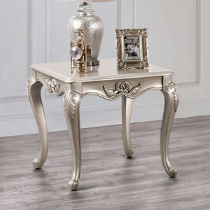 English Elm Traditional End Table With Elegant Curved Legs, Carved Design, And Chic Champagne Finish For Living Rooms B2741P361141-GIGA