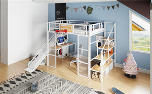English Elm Full Full Size Metal Loft Bed with Built-In Desk, Slide, Basketball Hoop and Open Wardrobe Storage White GX001524AAK