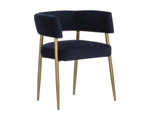 Sunpan Maestro Contemporary Dining Armchair with Curved Frame and Antique Brass Legs for Elegant Dining Abbington Navy